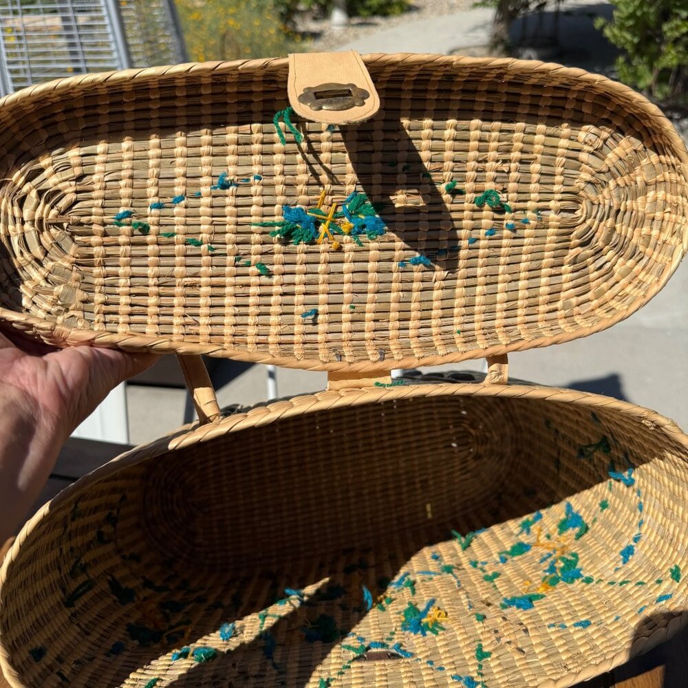 Vintage Woven Straw Tote Bag With Leather Straps & Floral Embroidery - Picture 7 of 8